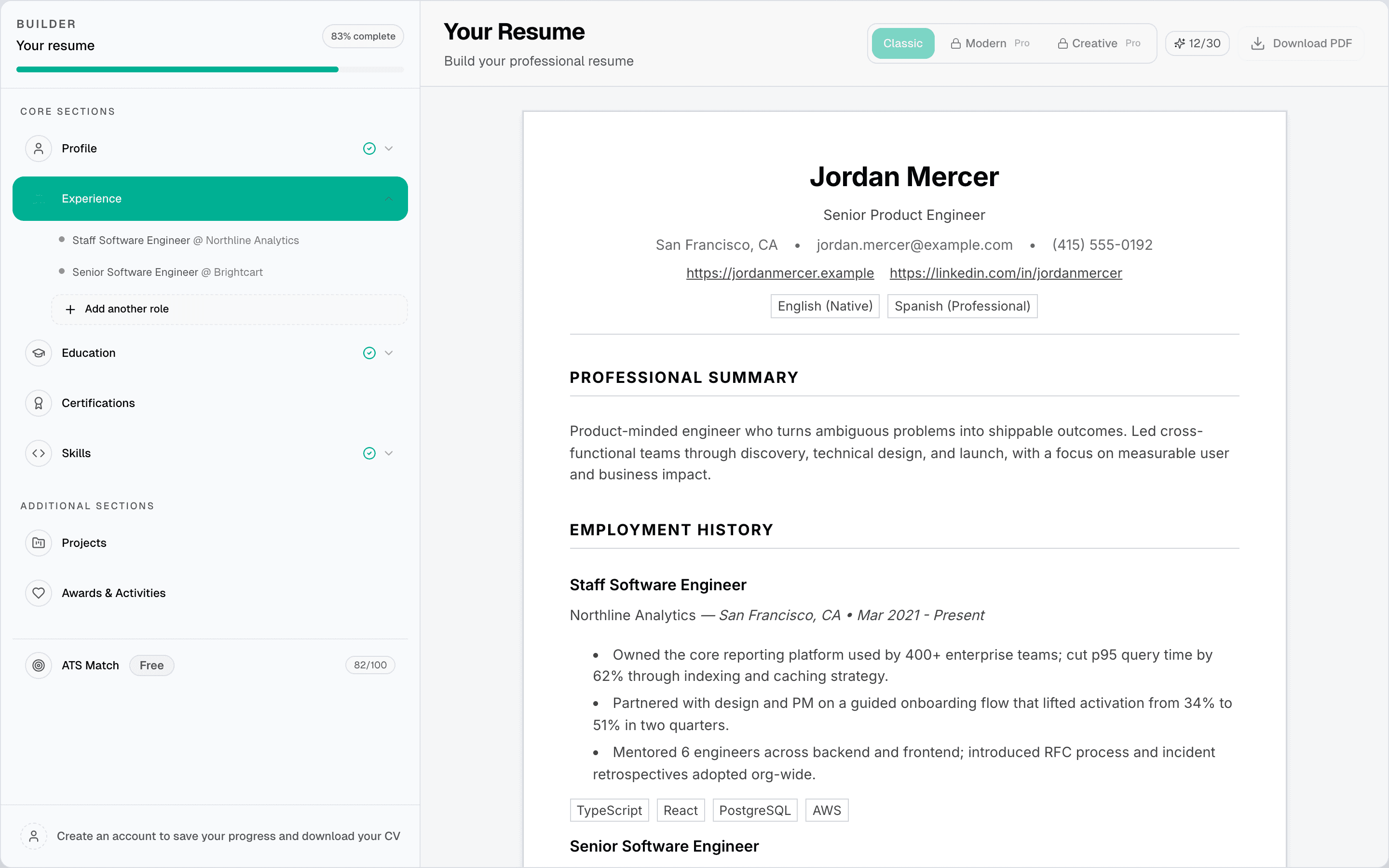 Screenshot of the Syntheve resume builder with section sidebar, template controls, and live preview