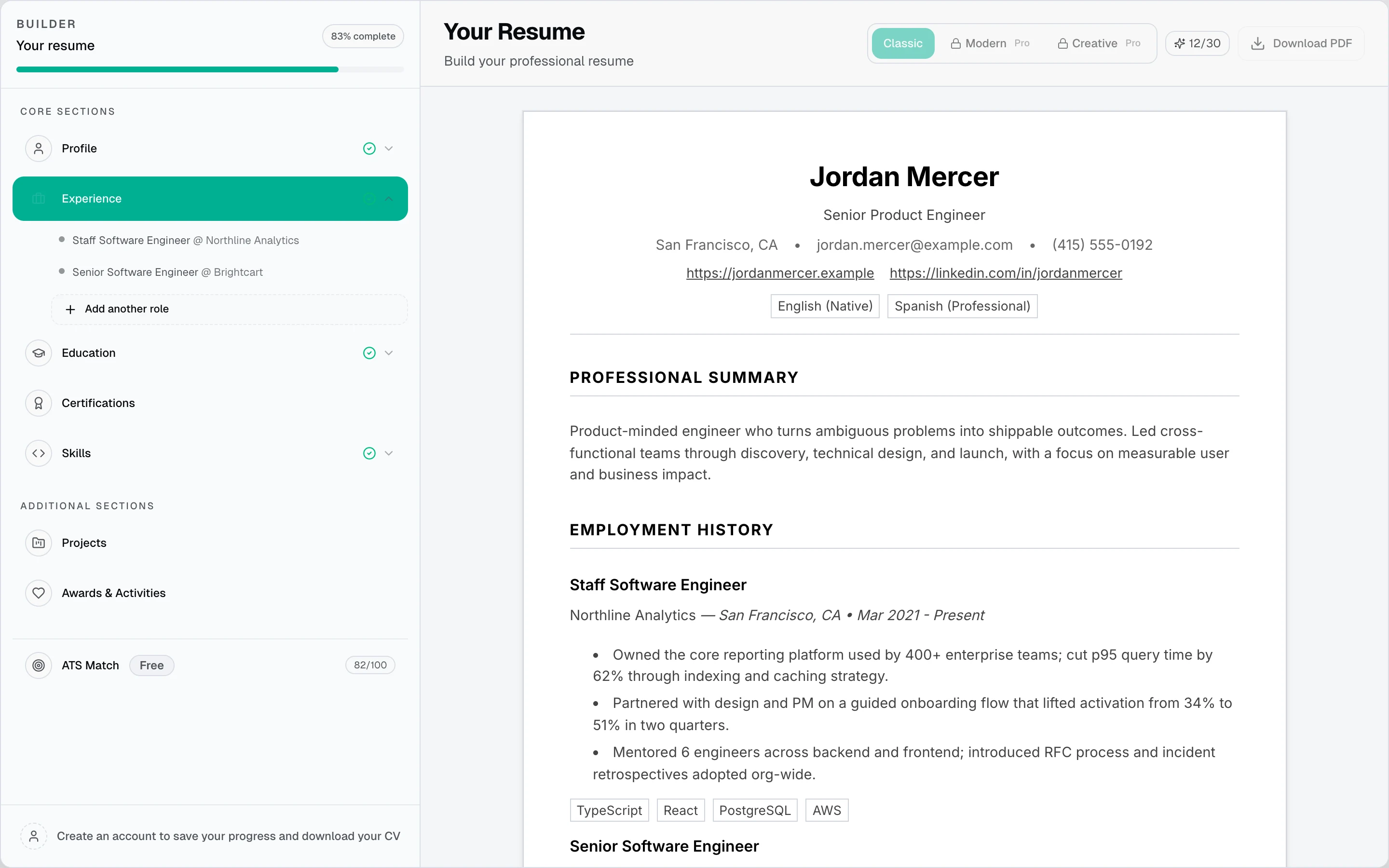 Syntheve resume and CV builder showing section sidebar, ATS-safe template picker, and live preview